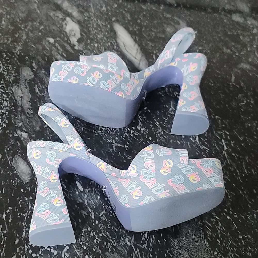 BRAND NEW ALDO BARBIE PARTY PRINTED  DENIM STRAPPY PLATFORM HEELED PLATF… G1 - Picture 12 of 16